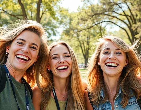 vibrant rewards members, laughing, posing for a selfie, photorealistic, sunny park setting, highly detailed, movement in hair, vivid natural colors, dappled sunlight, shot with a 20mm lens.